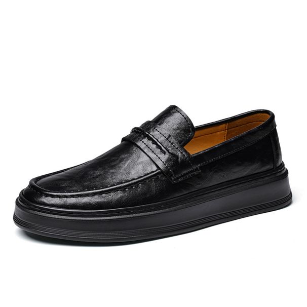 Cowhide Casual Shoes Loafer Leather Shoes Round Head White Shoes Men's Platform Business British Board Shoes_vogvips.com