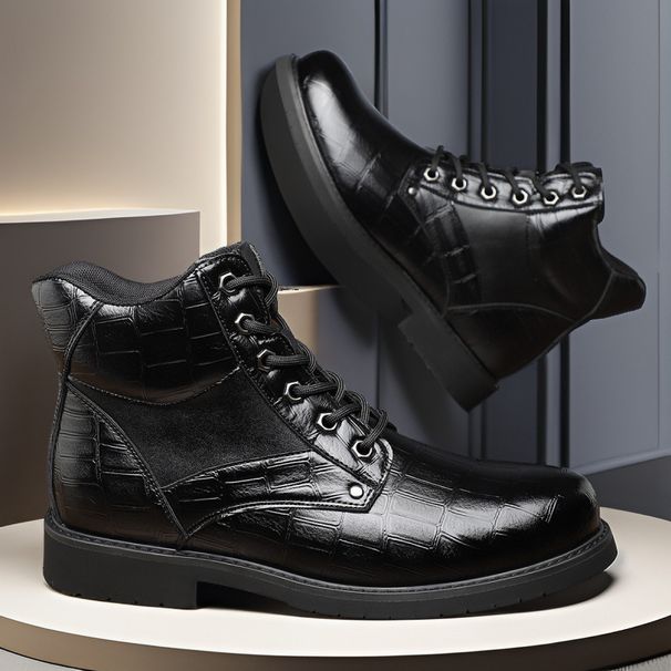 European Warm Series Winter New Large Size Men's Versatile Casual Leather Fashion Trend British Plaid Martin Boots_vogvips.com