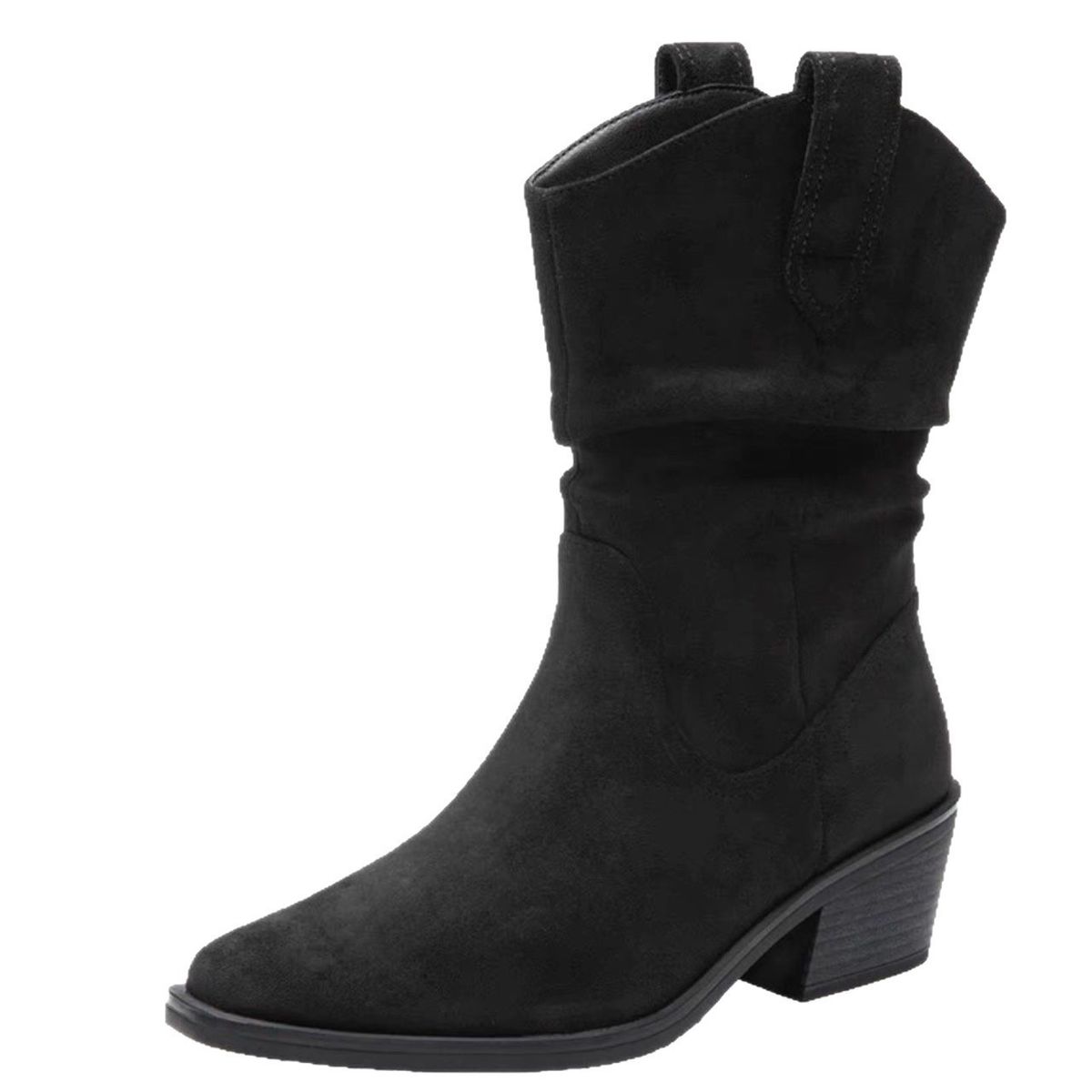 Cowhide Version~ Zhao Lusi Same Style Pointed Toe Pile Short High Heel Western Knight V-Mouth Mid-Calf Boots_vogvips.com