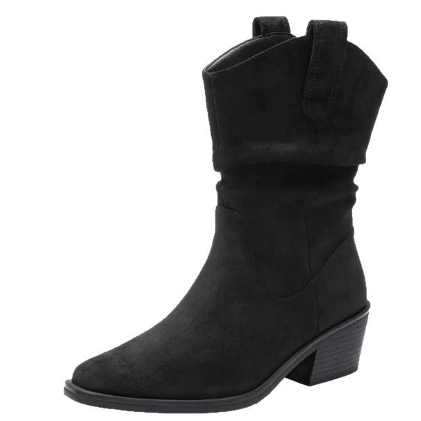 Cowhide Version~ Zhao Lusi Same Style Pointed Toe Pile Short High Heel Western Knight V-Mouth Mid-Calf Boots_vogvips.com
