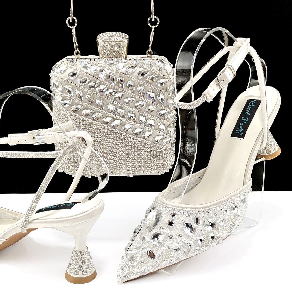 Sexy Women's Shoe Bag Set Lace Mesh Fabric Ankle Strap Fringe Rhinestone Decoration Fashion Accessory_vogvips.com