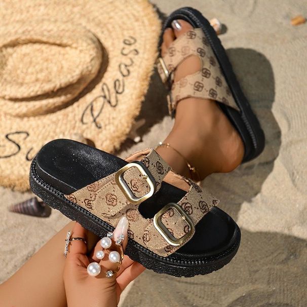 Best Selling 2026s New Print Design Platform Women Slides Single Strap Double Buckles Lightweight Anti Slip Outdoor_vogvips.com