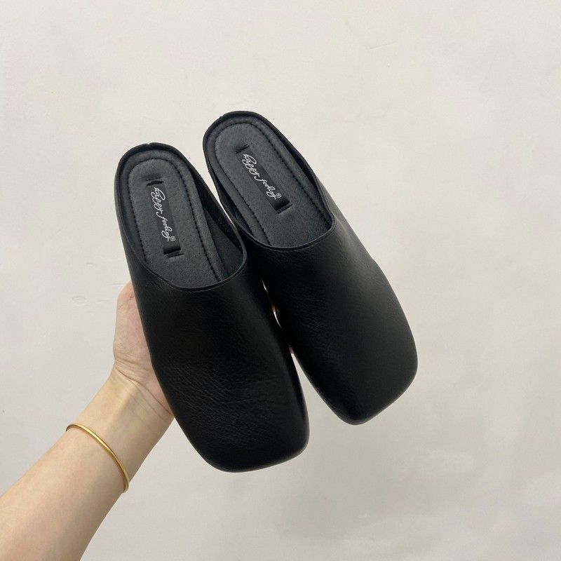 2024 Südkoreanische Baotou-Halbhausschuhe Für Frauen, Die Rutschfeste, Quadratische Schuhe Aus Weichem Leder Mit Flachem Boden Tragen_vogvips.com