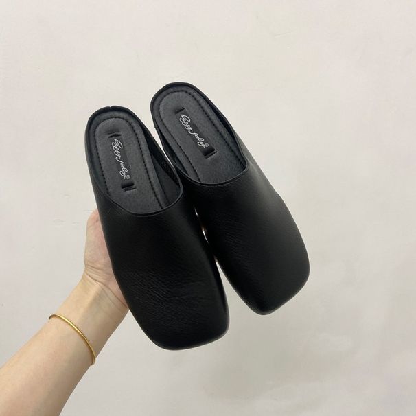 2024 Südkoreanische Baotou-Halbhausschuhe Für Frauen, Die Rutschfeste, Quadratische Schuhe Aus Weichem Leder Mit Flachem Boden Tragen_vogvips.com