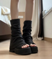 Black Wedge Andal Women, 2026 New Ummer Open-toe Tacked Boot, Comfortable For Mall Feet, Thick-oled Mid-calf_vogvips.com