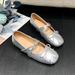 silver Vintage Style French Ballet Shoes With Bowknot, Square Toe, Shallow Mouth, Soft Mary Jane Flats For Women_vogvips.com