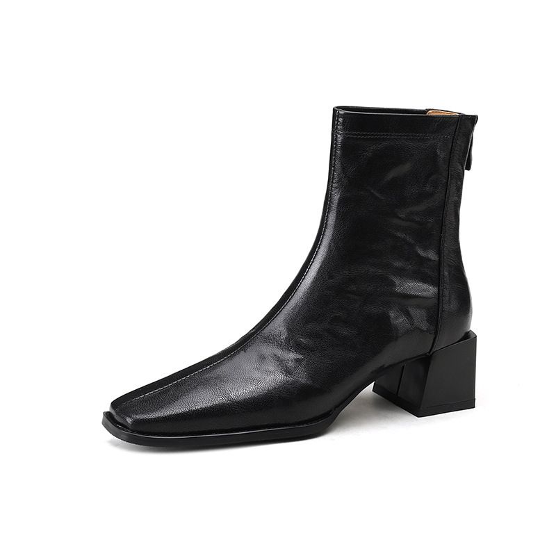 Square Toe Thick Heel Back Zipper Temperament Black Short Boots Women's French Versatile Commuting Bare Boots British Style Martin Boots_vogvips.com