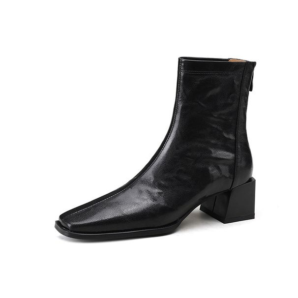 Square Toe Thick Heel Back Zipper Temperament Black Short Boots Women's French Versatile Commuting Bare Boots British Style Martin Boots_vogvips.com