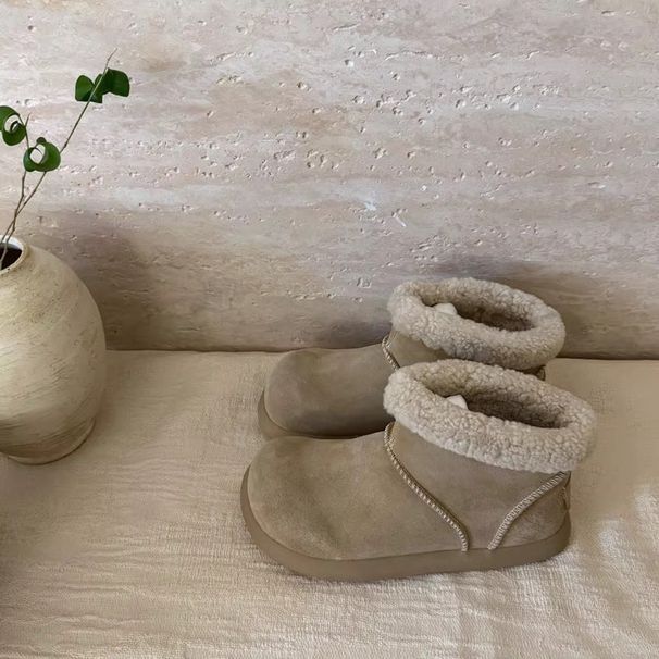 Cowhide Version ~ Round Toe Cute Short For Women, Fleece-Lined Low-Cut Snow Boots, Warm Thick-Soled Fur Boots_vogvips.com