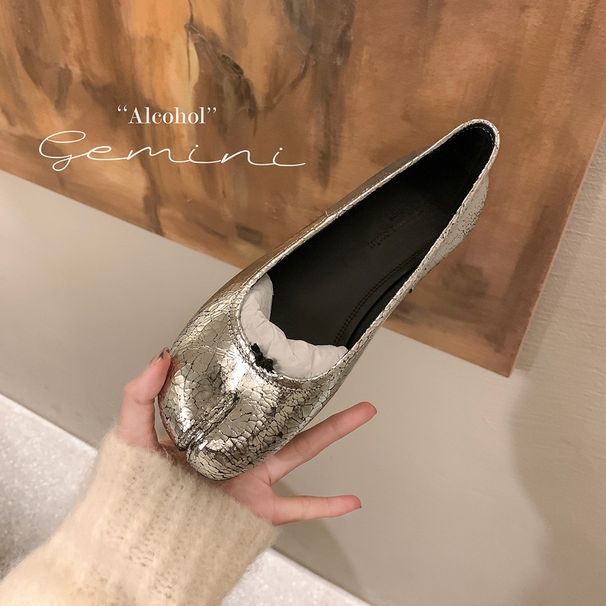 Full Cowhide ~ Genuine Soft Leather Silver Pig Split Toe Shallow Mouth Single Women's Flat French Mary Jane Shoes_vogvips.com