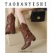Vintage Western Cowgirl Boots For Women - Pointed Toe Chelsea Ankle Boots With Studs & Buckle Details, Chunky Heel (6-8cm), Brown/Black/Tan_vogvips.com
