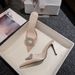 Spring And Summer Pointed Head Round Buckle High Heel Single Shoes Satin Rhinestone Bag Head Thin Heel Cool Slippers Women_vogvips.com