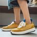 Men’s Sporty Canvas Sneakers With Leather Upper, Round Toe, Flat Thick Sole, Breathable Mesh Lining, Mid-cut Lacing Design, Color-blocked Summer_vogvips.com