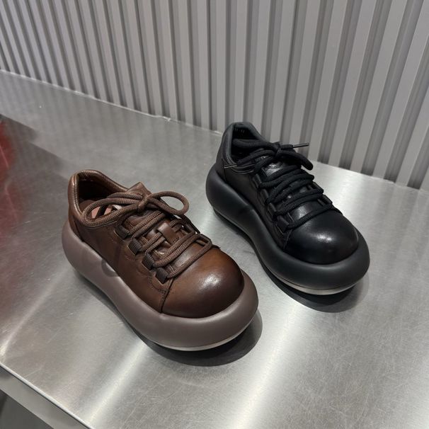 Sponge Single For Women, Spring 2025 New Versatile Height Increasing Casual Shoes, Lace Up Round Toe Sponge Cake Sole_vogvips.com