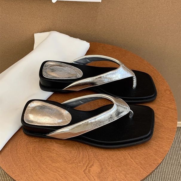 Silver Women's Summer Outdoor Slippers New Soft Thick Sole Flip-Flops French Style Stunning Toe Post Sandals Vacation_vogvips.com