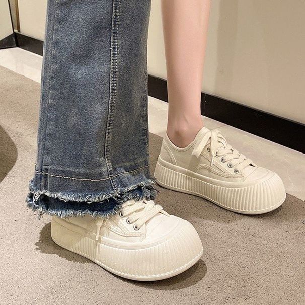 Low-top Canvas Women, Thick-soled, Petite, 2025 Spring New Versatile Student Chunky Sneakers, White Shoes For Women_vogvips.com