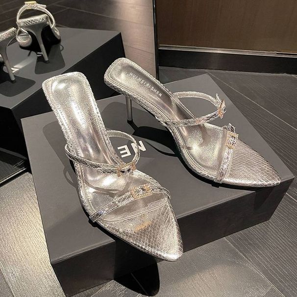 Women's Fashionable High Heeled Stiletto Sandals Two Straps Metal Buckle Pointed Toe Open Toe Summer Style Comfortable Versatile_vogvips.com