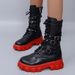 Women's Chunky Sole Buckle Detail Mid-Calf Riding Boots - PU Leather Round Toe Low Heel Side Zipper Boots_vogvips.com