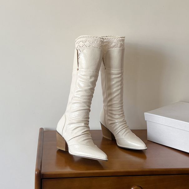 White Long For Women 2025 Autumn Winter New Thick Heel Pointed Toe Riding Lace Over-the-Knee High Boots_vogvips.com