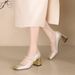 Cameido Women's Beige Floral Leather & Gold Metallic Heels - 5CM Mid Heel, Square Toe, Rubber Sole, Stiletto_vogvips.com