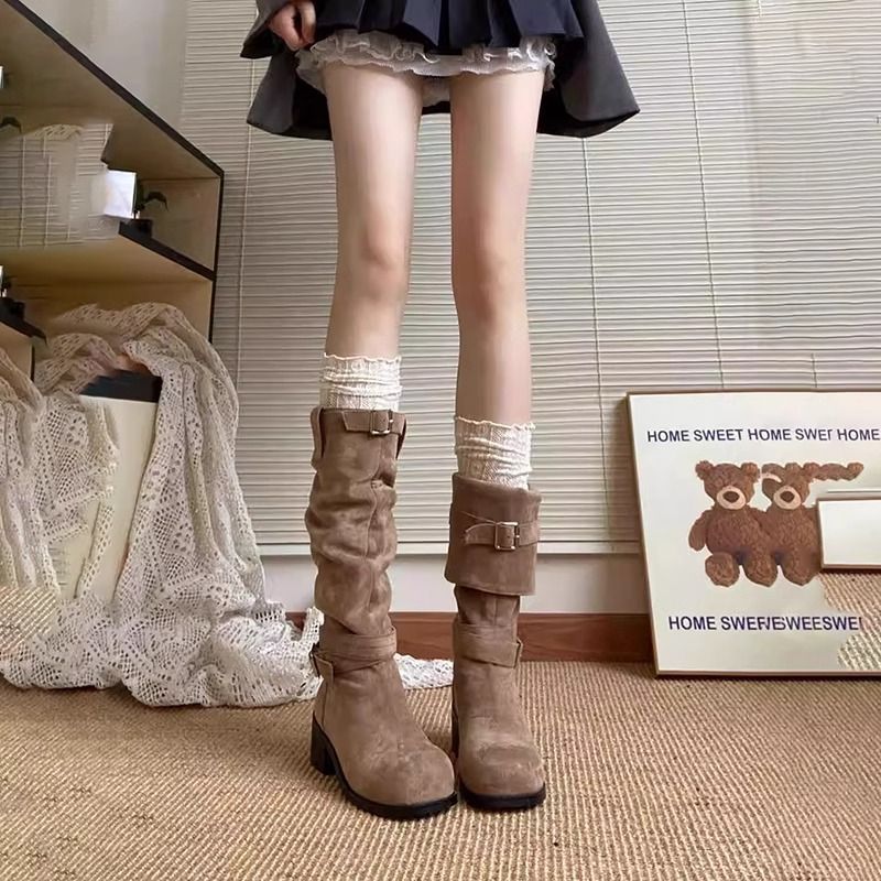 2025 New Summer Thin Style Paired With Skirt Boots, Children's Thick Soled Long Boots, Brown Stacked High Boots, Maillard Boots_vogvips.com