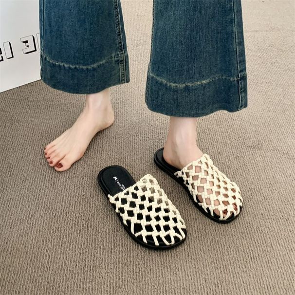 Women's Exquisite Fishnet Woven Openwork Perforated Closed Toe Slippers Summer Wear High-End Sandals_vogvips.com