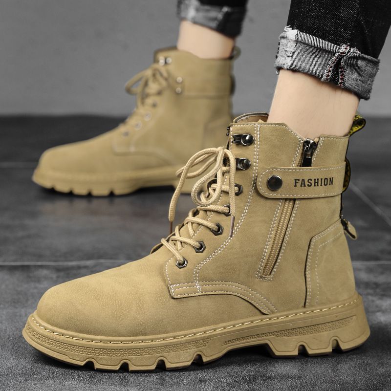 European Warm Series Men's Martin Autumn Winter Casual Versatile Motorcycle Hiking Shoes Thick Sole Wear-resistant Leather Waterproof Yellow_vogvips.com