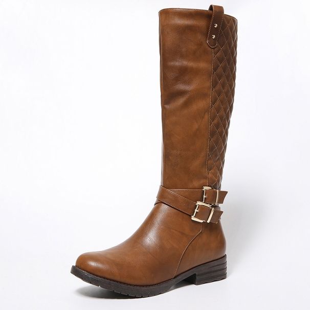 Women's Fashion Knee High Boots With Belt Buckle Detail Low Heel Round Toe Winter Casual Riding Boots Diamond Pattern Long Boots_vogvips.com