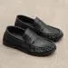Men Black Pleated Leather Loafers Slip On Low Block Heel Vintage Casual Penny Shoes_vogvips.com