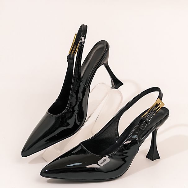 Women's Shoes Pure Color Pointed Toe Sandals PU Bright Bread Head Versatile Rubber Fashion High Heels With Square Buckle_vogvips.com