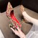 Red Gold Pointed-toe High-heeled Shoes With Chinese Embroidery And Rhinestone Wedding Shoes, 5 Cm Thick Heel, High Quality, Red Shoes_vogvips.com