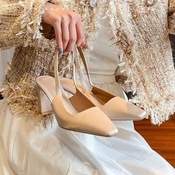 Chunky Heel High Hee For Women, Elegant And Comfortable, Summer Closed Toe Backless Single Shoes, 2025 New Satin_vogvips.com