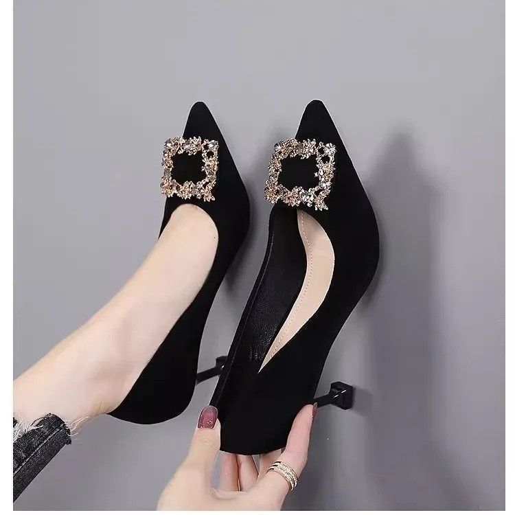 Women's 2026 New Style Professional Pointed-toe High-heeled Shoes With Suede Finish, Stiletto Heel, And Diamond_vogvips.com