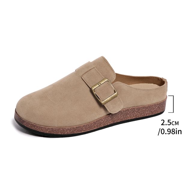 Women's Retro Birken Style Slip-On Slippers With Belt Buckle Brown Suede PU Half Slippers For Autumn Comfortable Outerwear_vogvips.com
