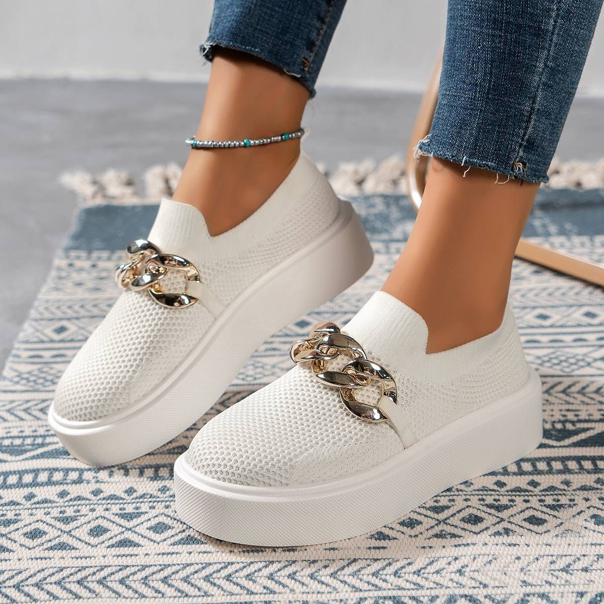 Women's Chain Decor Breathable Mesh Air Round Toe Flat Shoes, Girl's Slip On Loafers Women's Shoes_vogvips.com