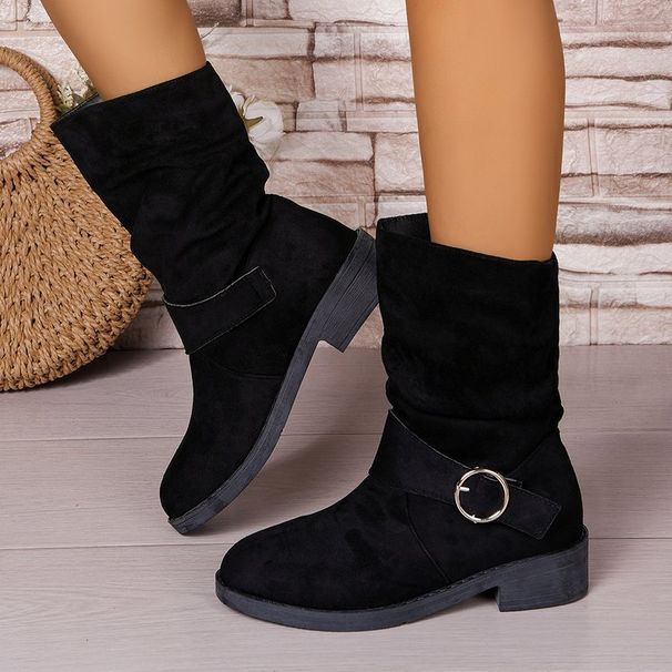 Mid-calf Metal Buckle Slim Boots Autumn/Winter New Style Suede Round Toe Women's Boots_vogvips.com