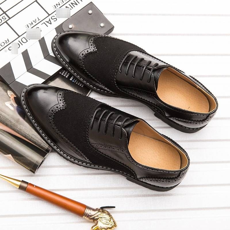 New Black And White Color-block Carved Brick Men's Shoes For Men's Business Leather British Derby Shoes Pointed Toe Banquet Wedding Leather Shoes_vogvips.com