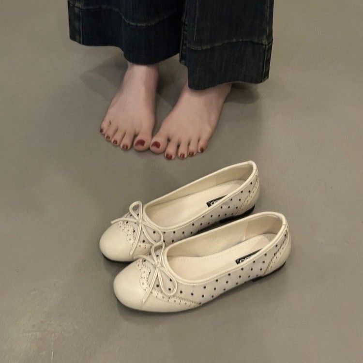 French Retro Bow round Toe Low Chunky Heel Flats Women's Stylish Elegant Soft Soled Versatile Ballet Flats_vogvips.com