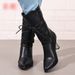 Women's Fashion Boots With Embroidery - Chunky Heel Mid-Calf Leather Boots For Fall/Winter - Side Zipper Closure, Pointed Toe, Black & Burgundy_vogvips.com