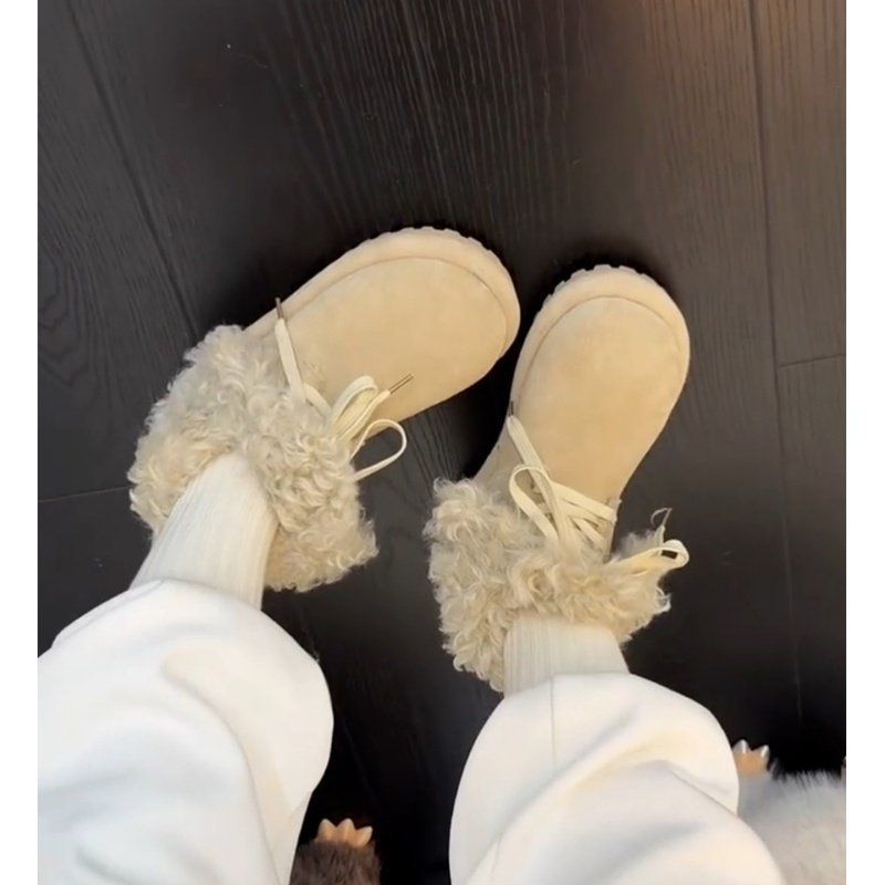 Petite Furry Lace-up Short Niche Design Thick-soled Fashionable Fleece-lined Snow Boots For Women Winter Warm Non-slip_vogvips.com
