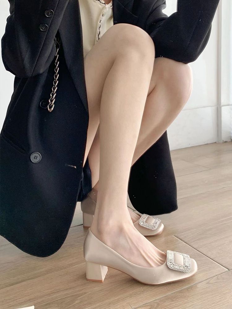 French Style Buckle Rhinestone Square Toe High Heels Chunky Heel 2024 Spring Autumn New Single Shoes Women Slip-On_vogvips.com
