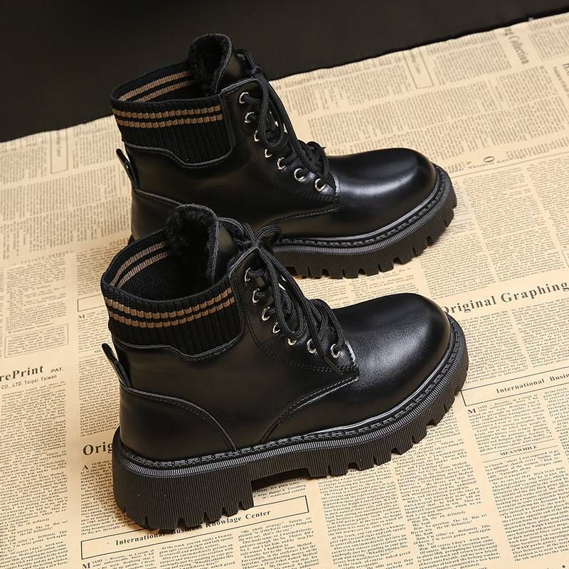 Top Lace-up Women's Boots 2025-1 New Autumn And Winter, Black And White Thick-soled With Fleece_vogvips.com