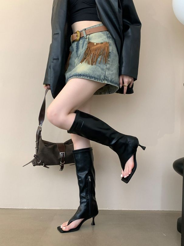 Womens Black Peep Toe Knee Non Slip High Stiletto Heel Side Zipper Sandal Boots_vogvips.com