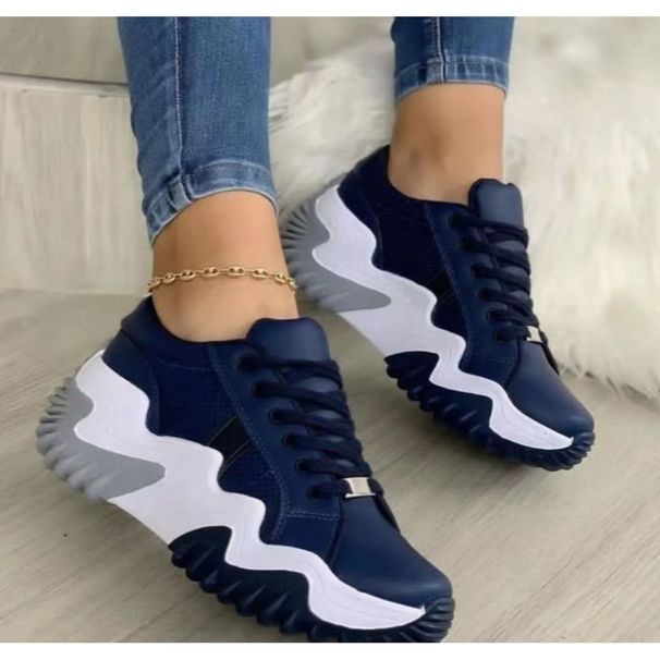 Womens Black White Wavy Chunky Platform Sneakers Non Slip Lace Up Casual Street Shoes_vogvips.com