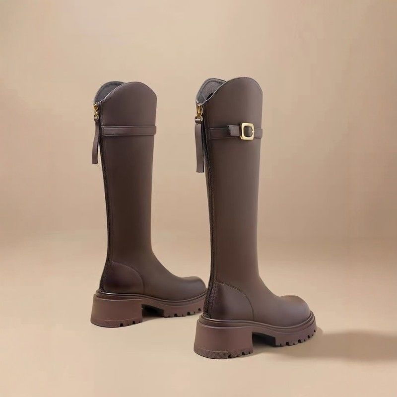 Women's Chunky Heel Knee High Boots With V-Cut Design Faux Leather Winter Boots For Women Warm Fleece Lined Mid Calf Boots Over The Knee,_vogvips.com
