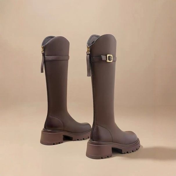 Women's Chunky Heel Knee High Boots With V-Cut Design Faux Leather Winter Boots For Women Warm Fleece Lined Mid Calf Boots Over The Knee,_vogvips.com