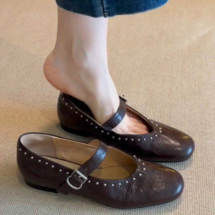 2025 New Spring And Autumn Rivet Strap Mary Jane Small Leather Versatile Round Head Shallow Mouth Low Coarse Custom_vogvips.com