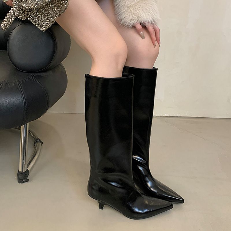 Women's Shoes Wedge Heel Wide Barrel Knight Boots Autumn And Winter Simple Temperament Plus Velvet High Boots Long Boots Not Over The Knee Boots_vogvips.com