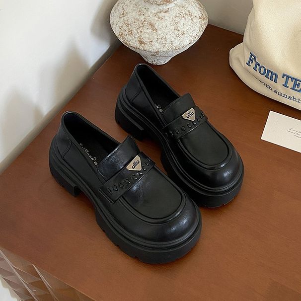 Platform Loafers For Women Retro Chunky Sole Leather Slip On Shoes With Metal Accents_vogvips.com
