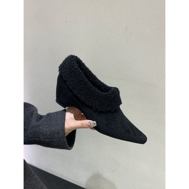 Height-Increasing Gray Pointed Toe Retro Furry Women 2025 Autumn Winter New Slip-On Single Shoes With Fleece Lining For_vogvips.com